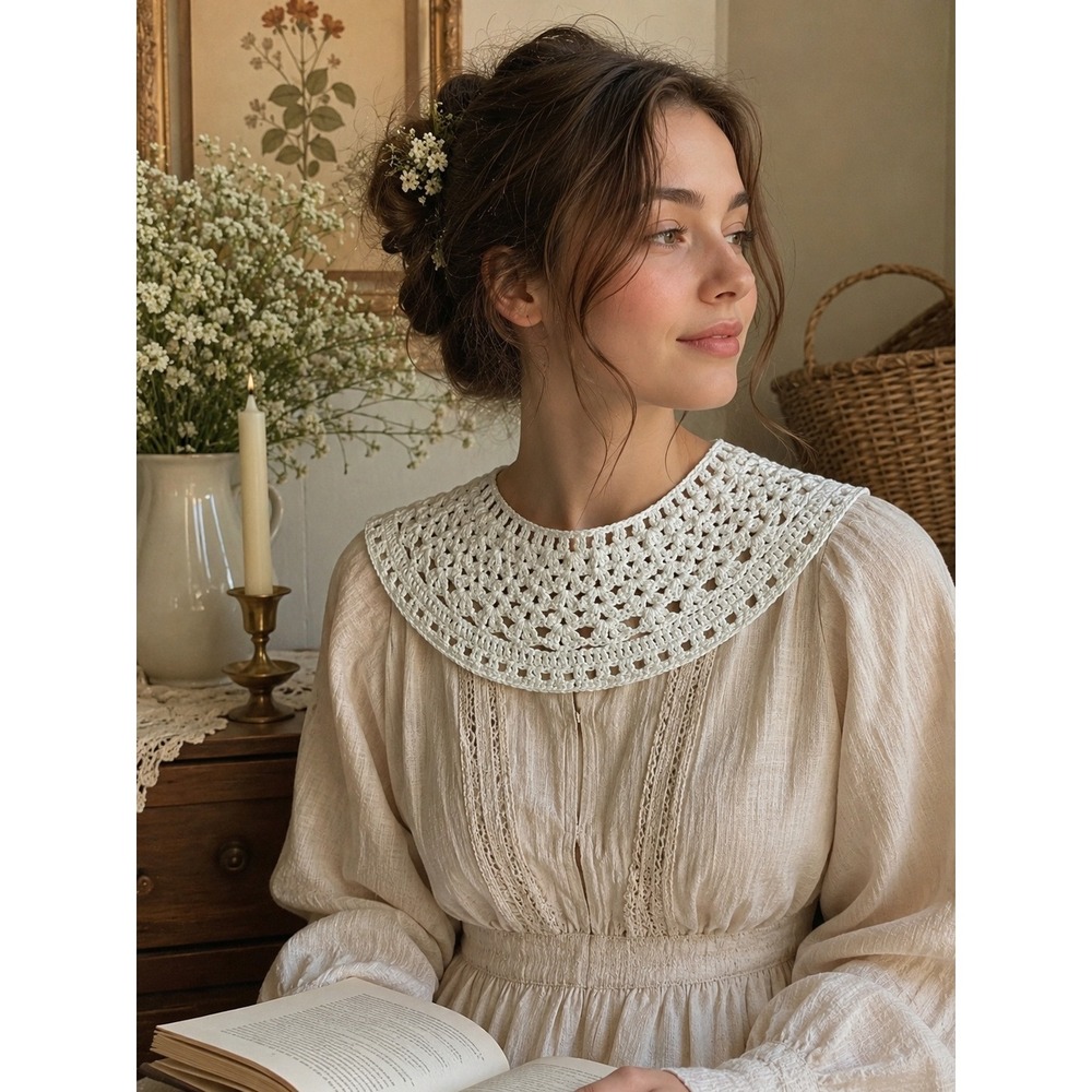 Handmade Women's Crochet White Cottagecore jabot collar tie-on prairie coquette